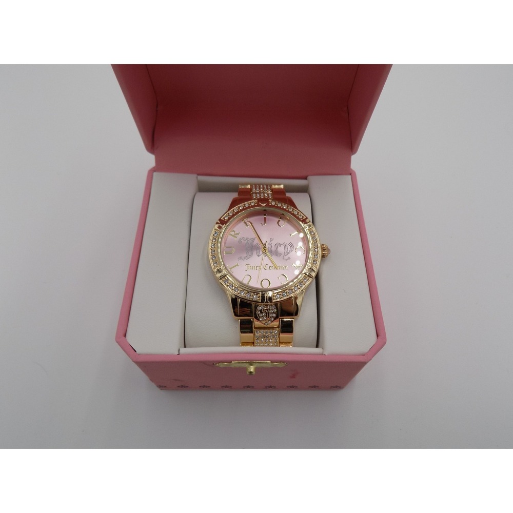 Juicy Couture Gold Tone Pink Dial Crystal Accents Women's Watch Box Set